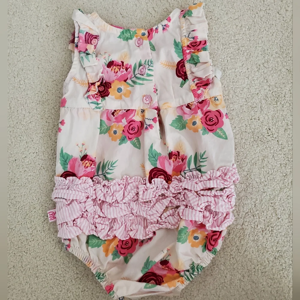 Ruffle Butts Baby Girl Pink Floral Romper Bubble with Ruffles sz3-6m